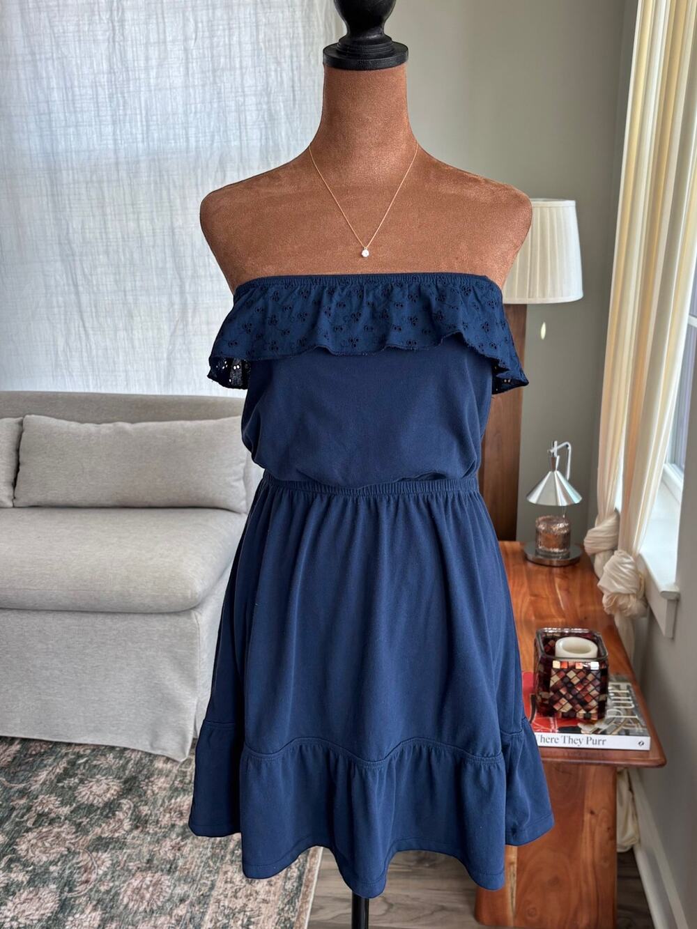Aéropostale Strapless Eyelet Ruffle Mini Dress Beachy Boho Sundress Navy Small